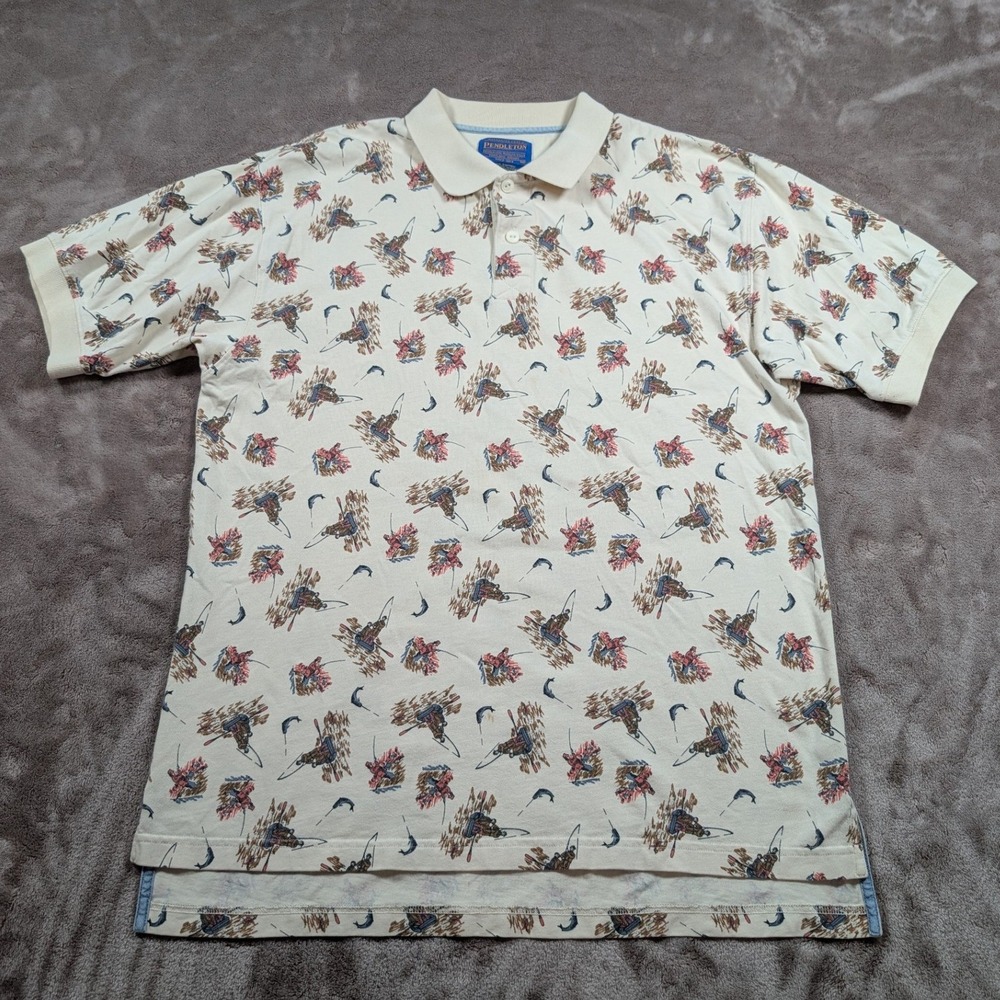 Pendleton Polo Shirt Mens Medium Cream Fly Fishing Print Cotton Short Sleeve